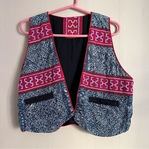 Handmade Batik and Embroidered Boho Open Vest | black/blue/pink | size Medium